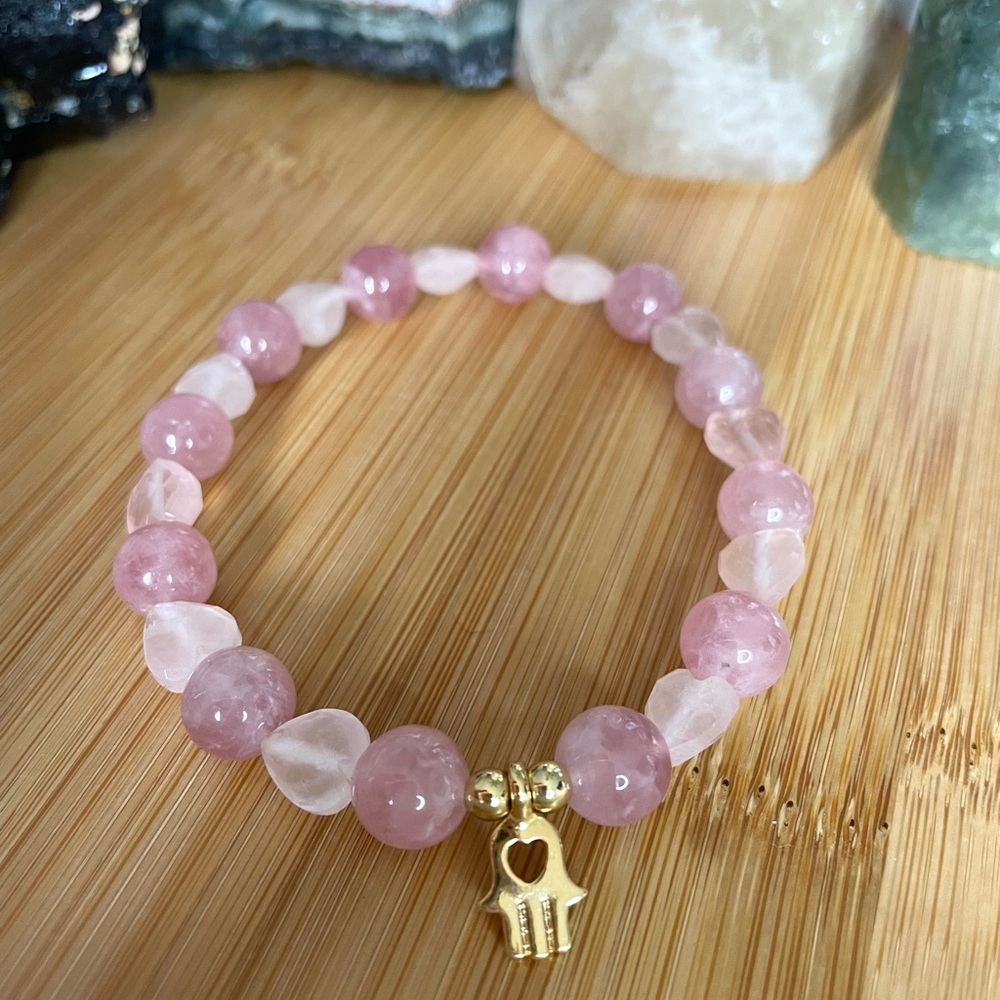 Madagascar Rose Quartz Heart Stretch Bracelet - Picture 4 of 8